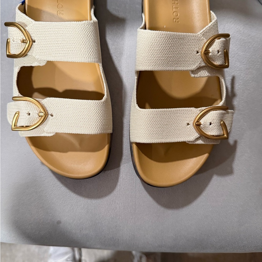 NWT Rothy's  BUCKLE SLIDE Tan Women's Sandals with Gold Buckles - Picture 4 of 6